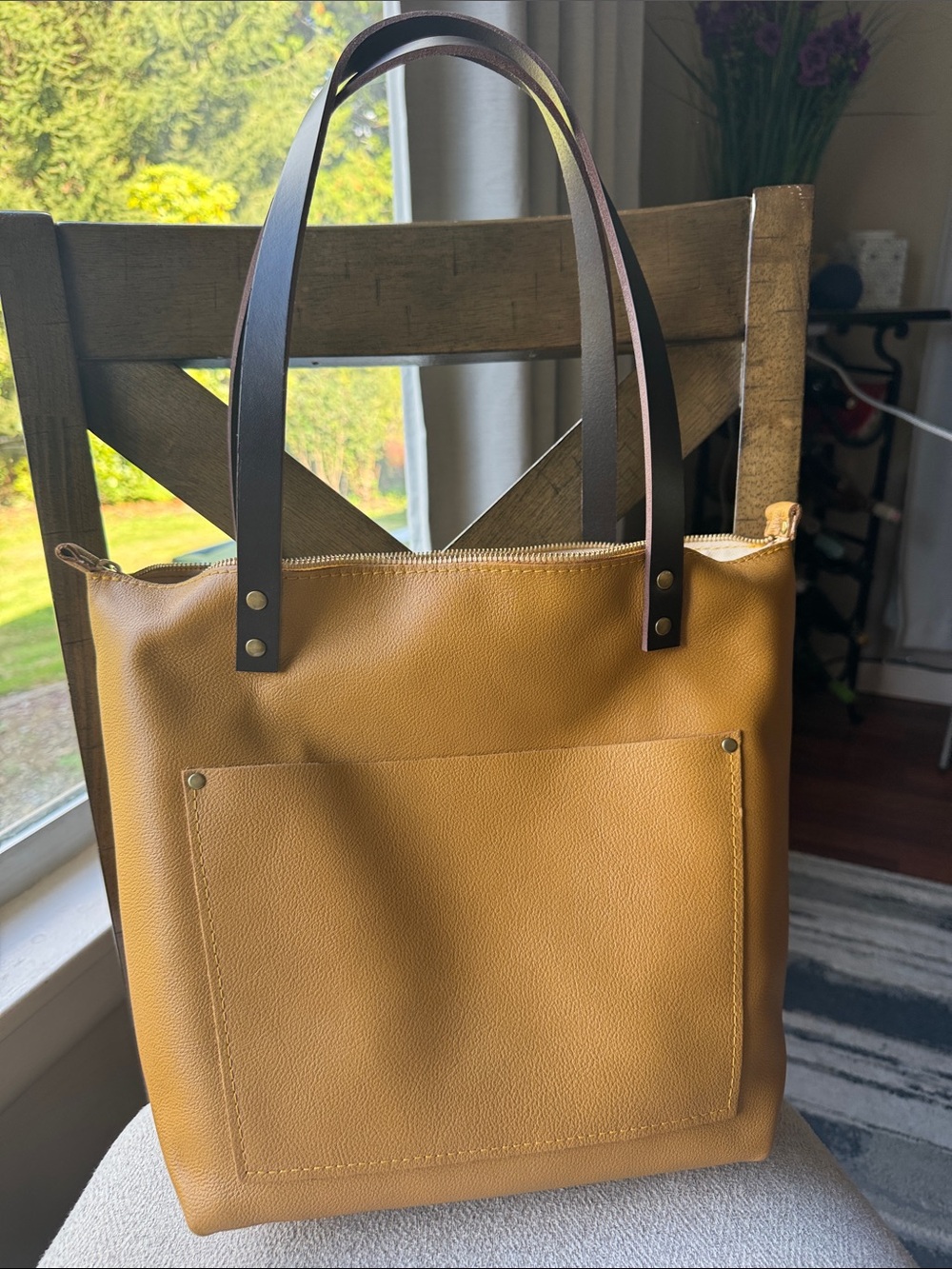 Portland Leather Zippered Tote Bag in Mustard with Dark Brown Straps